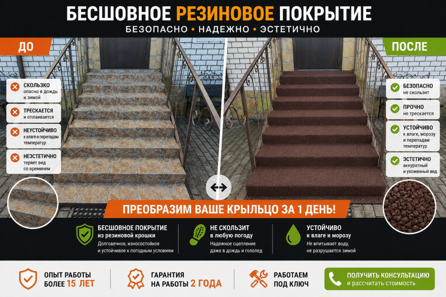 Монтаж бесшовного резинового покрытия на крыльце — фото до и после